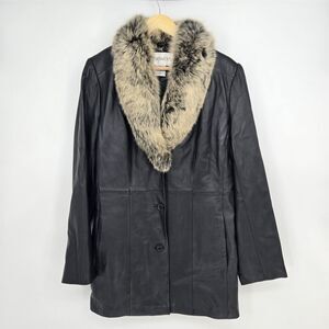 Vintage 80s/90s genuine fox fur collared black‎ leather overcoat - womens M